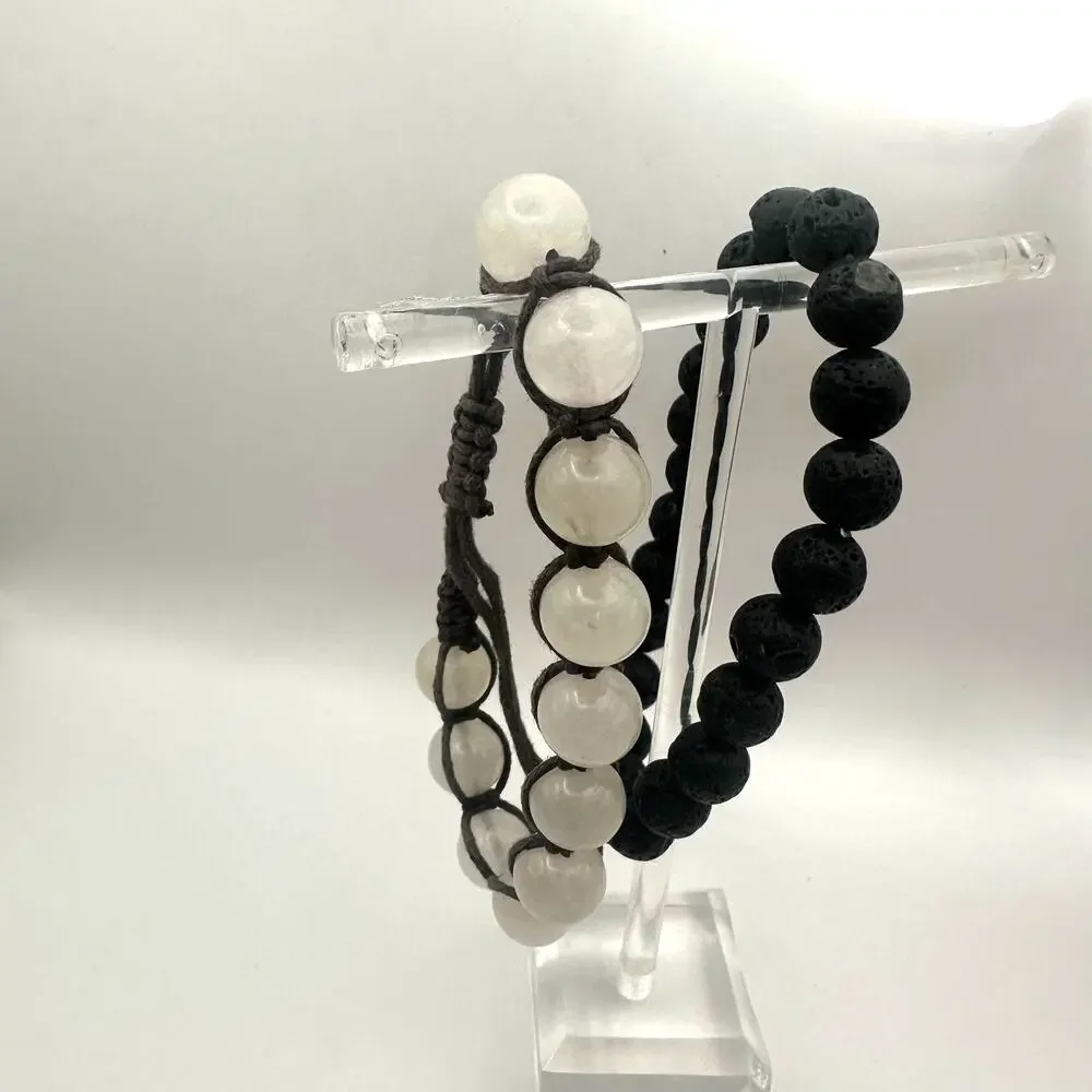 Rose Quartz Shamballa Bracelet Boho Bracelet Lot of 2 Black Lava Stone Beads